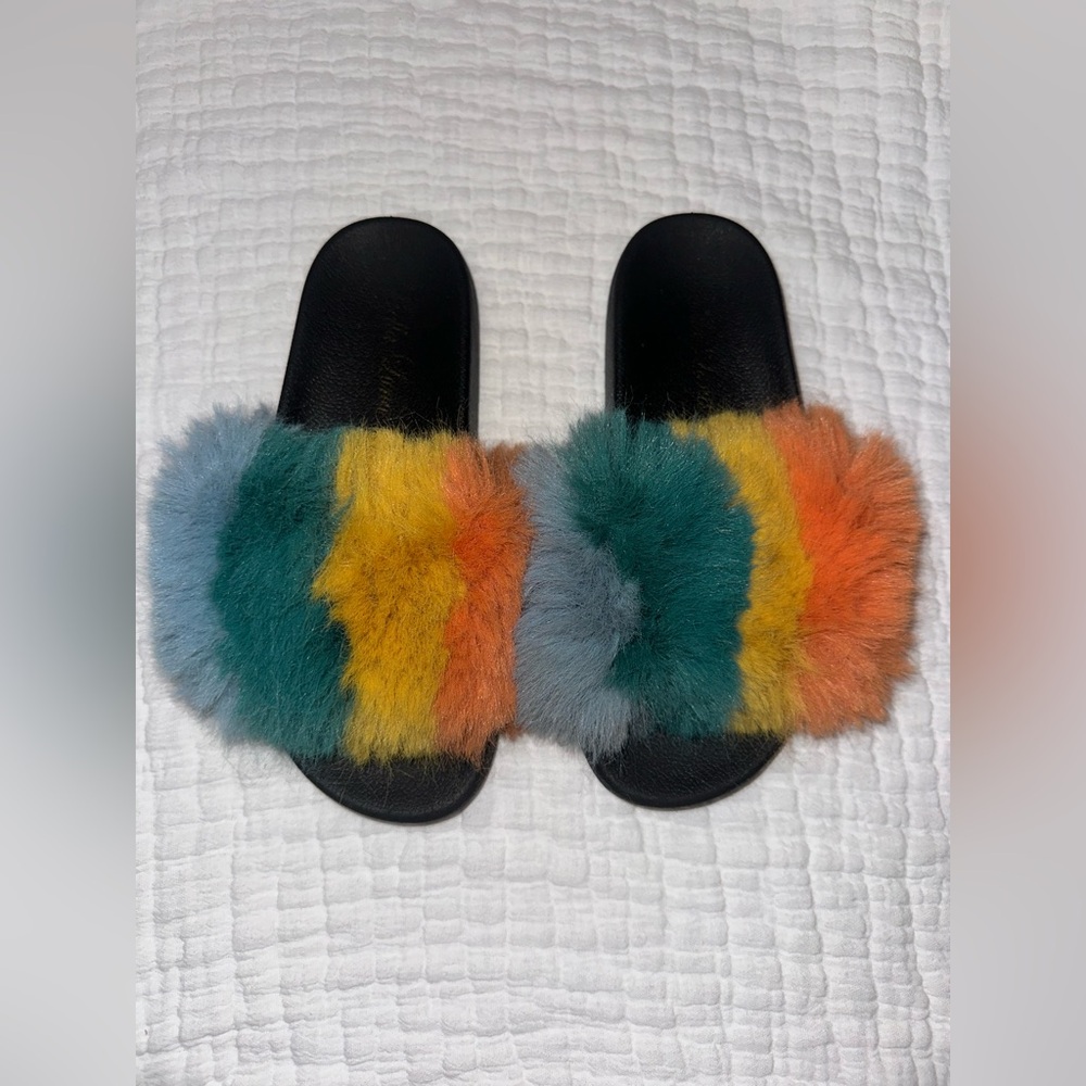 Multicolor Furry Slide Sandals - Teal, Yellow, Orange, Gray